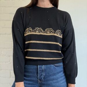 Women’s Black and Metallic Gold Knit Sweater Top with Pearls Size S-M
